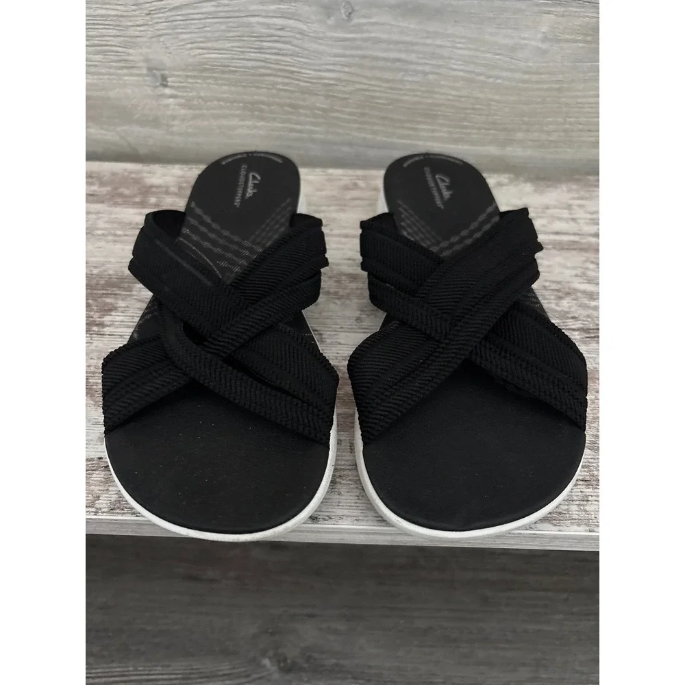 Clarks Cloudsteppers Arla Glison Black Fabric Crisscross Slide Sandals Womens